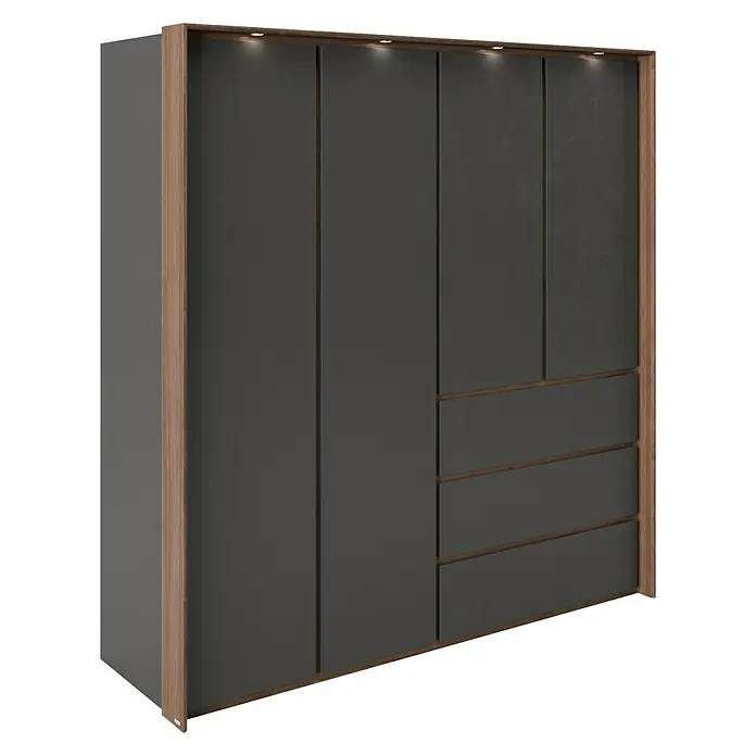 Phönix Playboy Kleiderschrank Victoria - L x B x H: 66,3 x 200 x 212 cm, Nussbaum - Eine moderne graue Kommode mit Holzrahmen und eingebauten Lichtern für stilvolle Aufbewahrung.