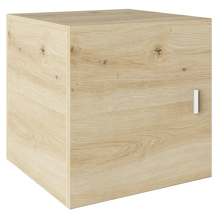 Phönix Fortuna ContainerL x B x H: 33,4 x 34,1 x 34,1 cm, Eiche, Passend für: Phönix Regale Fortuna - Dieser Artikel zeigt einen quadratischen Holzschrank mit hellem Holzfinish und einem einfachen, weißen Griff. Ideal für moderne Innenräume.
