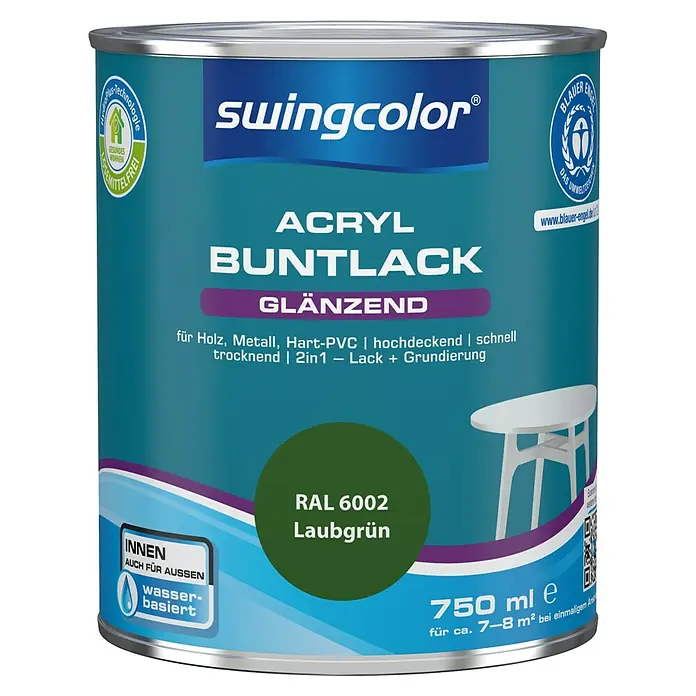 swingcolor Buntlack Acryl - Laubgrün, Glänzend, 750 ml, Wasserbasiert - Dose Swingcolor Acryl Buntlack glänzend, Farbe RAL 6002 Laubgrün, geeignet für Holz, Metall und Hart-PVC, 750 ml für Innen- und Außenbereich.