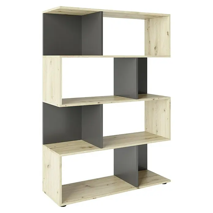 Phönix Holzregal Shelfy - H x B x T: 146 x 103 x 35,6 cm, Anzahl Böden: 5 Stk., Schrauben, Eiche/Grau - Modernes Bücherregal mit Holz- und grauen Elementen für stilvolle Aufbewahrung.