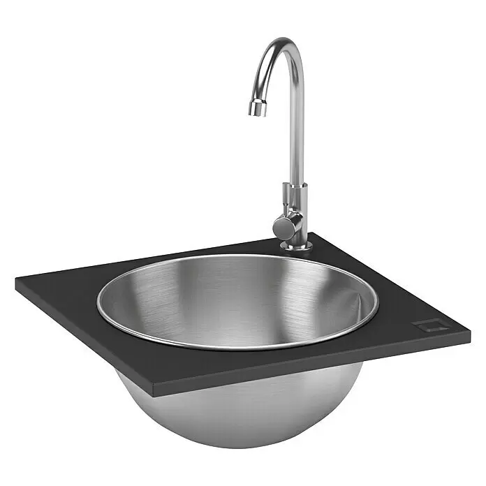 oneQ Einbauspüle - 40,7 x 40,7 cm, Schwarz/Silber - Moderne Küchenspüle mit schwarzer quadratischer Arbeitsplatte, runder Edelstahlspüle und Chrom-Wasserhahn.