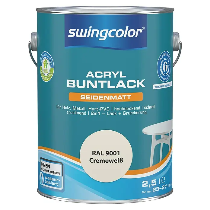 swingcolor Buntlack Acryl - Cremeweiß, Seidenmatt, 2,5 l, Wasserbasiert - Dose Acryl Buntlack seidenmatt, Farbton Cremeweiß RAL 9001, geeignet für Holz, Metall und Hart-PVC, 2,5 l für Innen- und Außenbereich.