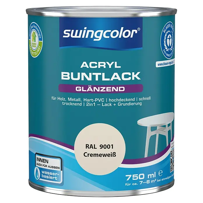 swingcolor Buntlack Acryl - Cremeweiß, Glänzend, 750 ml, Wasserbasiert - Dose Swingcolor Acryl Buntlack glänzend in Cremeweiß RAL 9001, geeignet für Holz, Metall und Hart-PVC, mit 750ml Inhalt für Innen- und Außenbereiche.