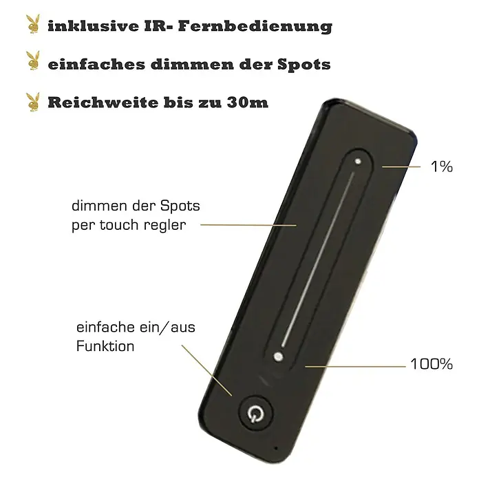 Phönix Playboy Kleiderschrank Victoria - L x B x H: 66,3 x 200 x 212 cm, Nussbaum - Nahaufnahme einer schwarzen IR-Fernbedienung mit Touchregler zum Dimmen und einer einfachen Ein/Aus-Funktion.