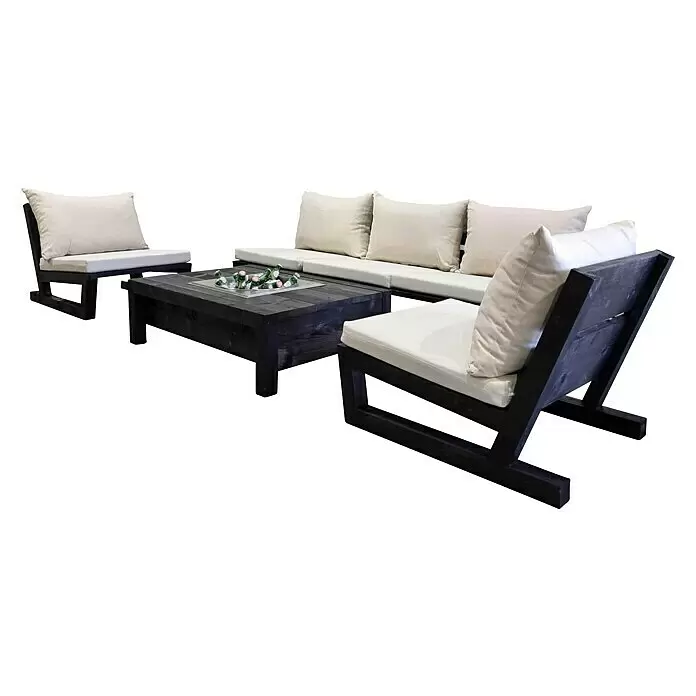 oneQ Flaschenkühler - Silber, L x B: 40,7 x 40,7 cm - Outdoor-Loungemöbel aus dunklem Holz mit weißen Kissen, bestehend aus Sofa, zwei Sesseln und Couchtisch.