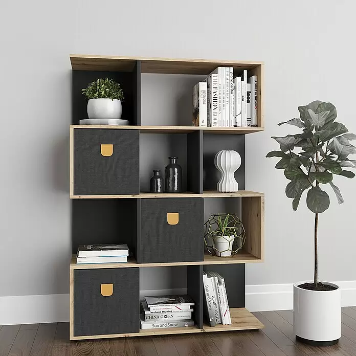 Phönix Holzregal Shelfy - H x B x T: 146 x 103 x 35,6 cm, Anzahl Böden: 5 Stk., Schrauben, Eiche/Grau - Stimmungsaufnahme