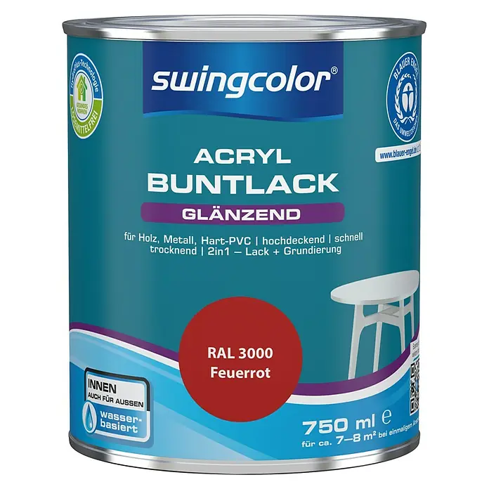 swingcolor Buntlack Acryl - Feuerrot, Glänzend, 750 ml, Wasserbasiert - Farbdose Swingcolor Acryl Buntlack glänzend, Farbton RAL 3000 Feuerrot, 750 ml, für Holz, Metall, Hart-PVC, ideal für Innen- und Außenbereiche.