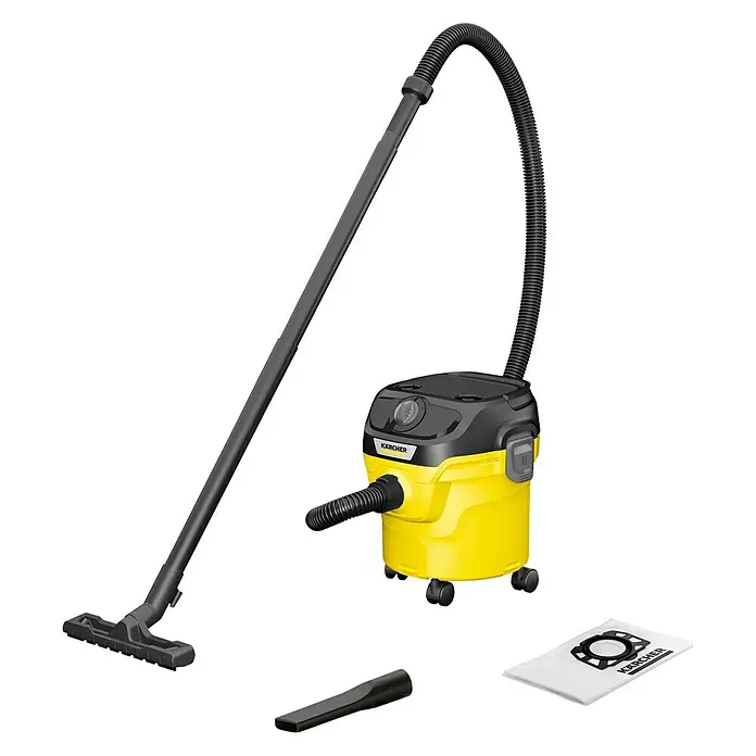Kärcher Aspirador en seco y húmedo eléctrico KWD1 - 1.000 W, Volumen de recipiente: 12 l, Con bolsa - Imagen de una aspiradora para sólidos y líquidos Kärcher amarilla y negra con accesorios.