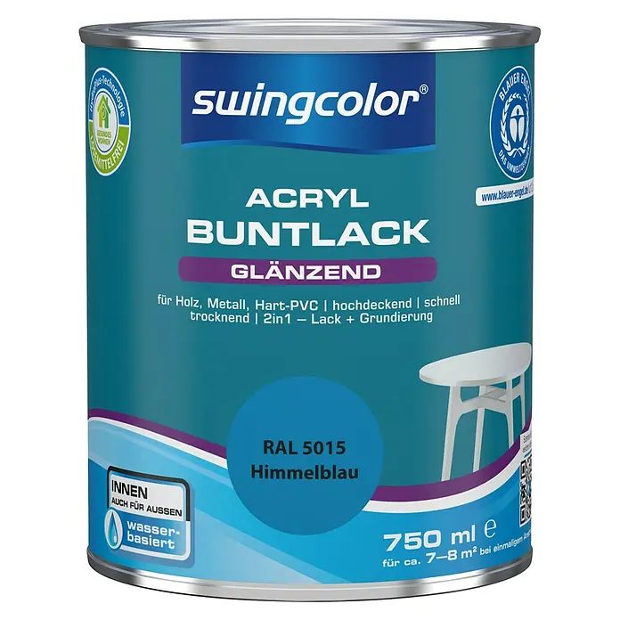 swingcolor Buntlack Acryl - Himmelblau, Glänzend, 750 ml, Wasserbasiert - Dose Swingcolor Acryl Buntlack glänzend in Himmelblau (RAL 5015), 750 ml, für Holz, Metall, Hart-PVC, hochdeckend, schnell trocknend.