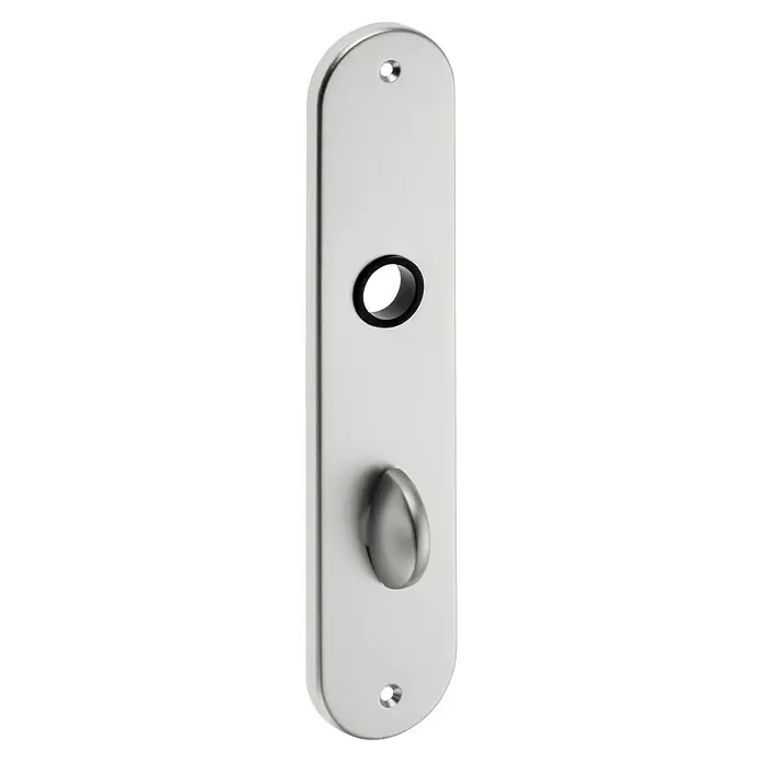 Portaferm WC-Drückergarnitur Oval - Edelstahl - Nahaufnahme einer länglichen, silbernen Türbeschlagplatte mit Knauf und Schlüsselloch. Elegantes Design für moderne Innentüren.