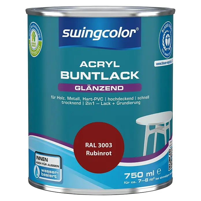 swingcolor Buntlack Acryl - Rubinrot, Glänzend, 750 ml, Wasserbasiert - Dose Swingcolor Acryl Buntlack Rubinrot für Holz, Metall, Hart-PVC. Hochdeckend, schnell trocknend, 2in1 Lack+Grundierung, wasserbasiert, für Innen- und Aussenbereich.