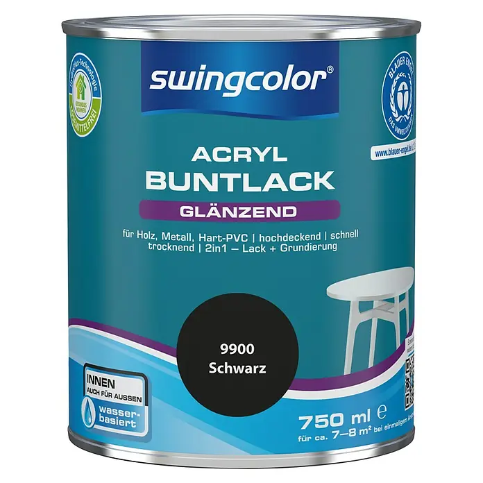 swingcolor Buntlack Acryl - Schwarz, Glänzend, 750 ml, Wasserbasiert - Dose Swingcolor Acryl Buntlack glänzend in Schwarz, geeignet für Holz, Metall und Hart-PVC, ideal für Innen- und Außenbereiche.