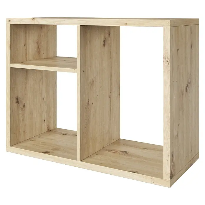 Phönix Fortuna Raumteiler - H x B x T: 57,9 x 75,1 x 34 cm, Eiche - Ein offenes Holzregal mit drei Fächern, ideal zur Aufbewahrung und Präsentation von Gegenständen im Wohnbereich.