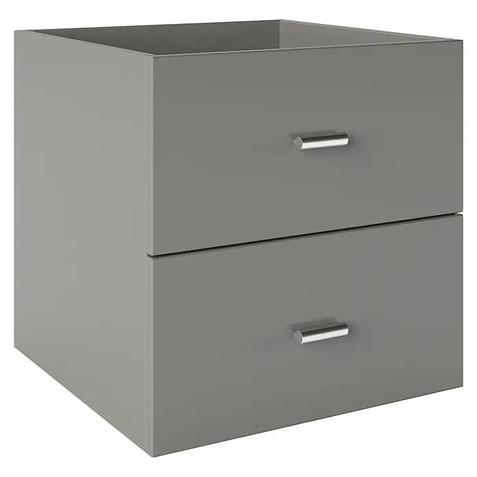 Phönix Fortuna Container - L x B x H: 33,4 x 34,1 x 34,1 cm, Grau, Anzahl Schubladen: 2 Stk., Passend für: Phönix Regale Fortuna - Grauer Waschbeckenunterschrank mit zwei Schubladen und silberfarbenen Griffen für ein modernes Badezimmerdesign.