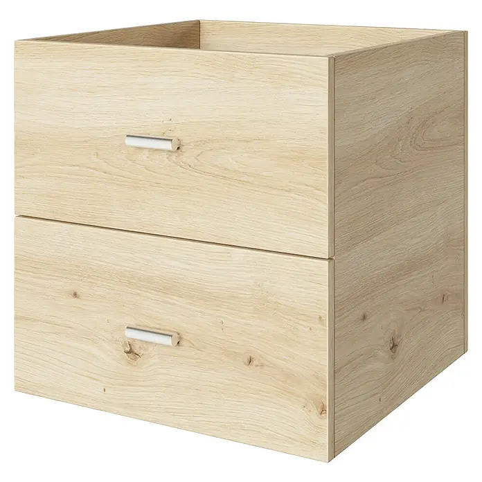 Phönix Fortuna Container - L x B x H: 33,4 x 34,1 x 34,1 cm, Eiche, Anzahl Schubladen: 2 Stk., Passend für: Phönix Regale Fortuna - Ein Badezimmerunterschrank aus Holz mit zwei Schubladen und silbernen Griffen. Perfekt für mehr Stauraum im Bad.