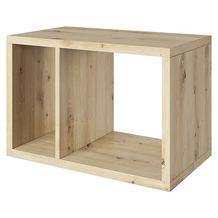 Phönix Fortuna Beistelltisch - L x B x H: 34 x 58 x 39,2 cm, Eiche, Ohne Einsatz - Aufnahme eines stilvollen, zweifach unterteilten Holzregals mit einer hellen Holzmaserung, ideal für die Aufbewahrung und Dekoration.