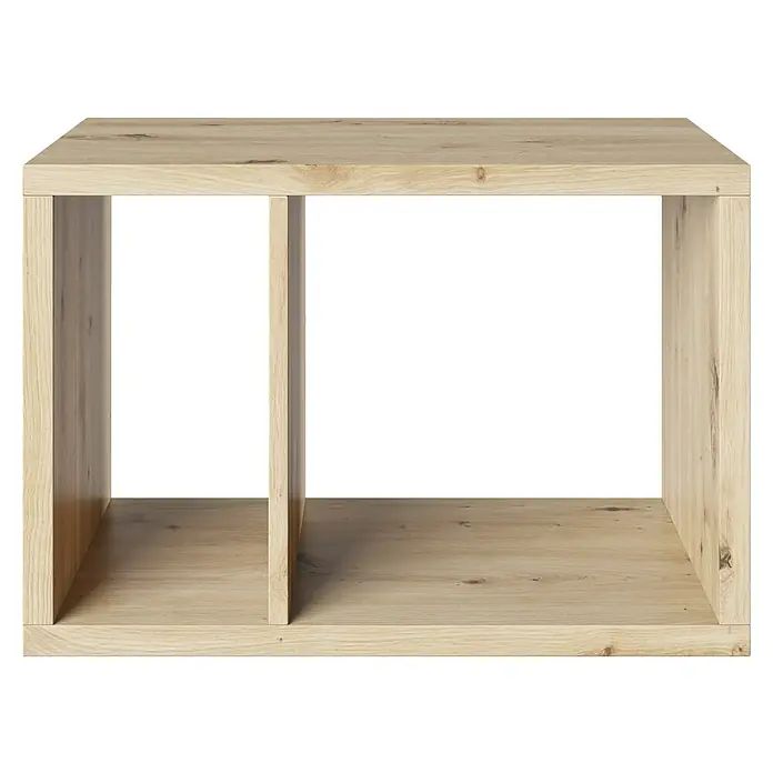 Phönix Fortuna Beistelltisch - L x B x H: 34 x 58 x 39,2 cm, Eiche, Ohne Einsatz - Nahaufnahme eines Holzregals mit zwei Fächern, ideal für die Organisation von Büchern oder Dekorationsgegenständen im Wohnbereich.