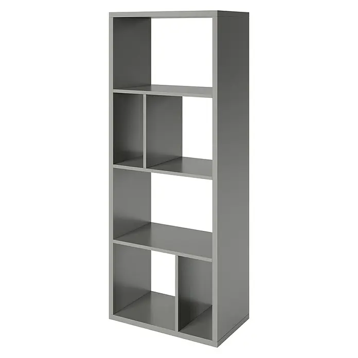 Phönix Fortuna Raumteiler - H x B x T: 146,6 x 58 x 34 cm, Anzahl Böden: 3 Stk., Grau - Graues Bücherregal mit mehreren Fächern in unterschiedlichen Größen zur Aufbewahrung von Büchern und Dekorationsgegenständen.
