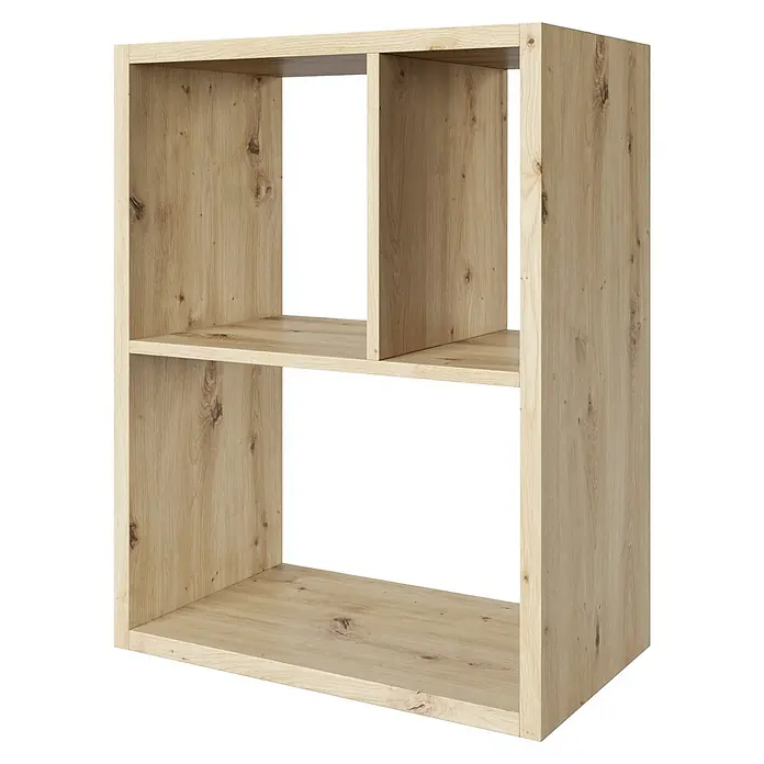 Phönix Fortuna Raumteiler - H x B x T: 57,9 x 75,1 x 34 cm, Eiche - Nahaufnahme eines hellen Holzregals mit mehreren Fächern auf schwarzem Hintergrund.