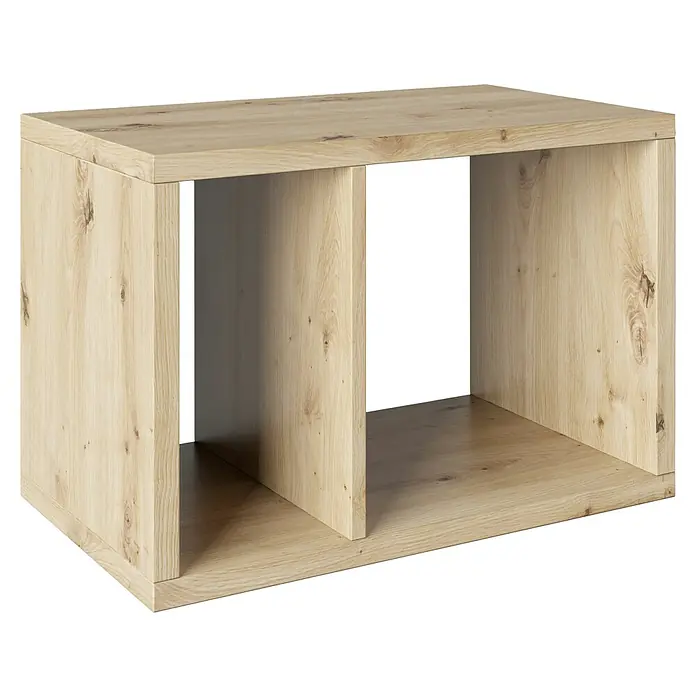Phönix Fortuna Beistelltisch - L x B x H: 34 x 58 x 39,2 cm, Eiche, Ohne Einsatz - Das Foto zeigt ein helles Holzregal mit drei Fächern. Das Regal hat eine schlichte, moderne Form und wirkt robust.
