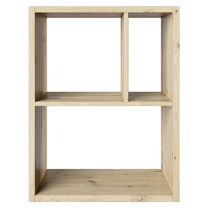 Phönix Fortuna Raumteiler - H x B x T: 57,9 x 75,1 x 34 cm, Eiche - Helles Holzregal mit zwei Ablagen und einer vertikalen Trennwand, ideal zur Aufbewahrung und Präsentation von Büchern oder Dekorationen.