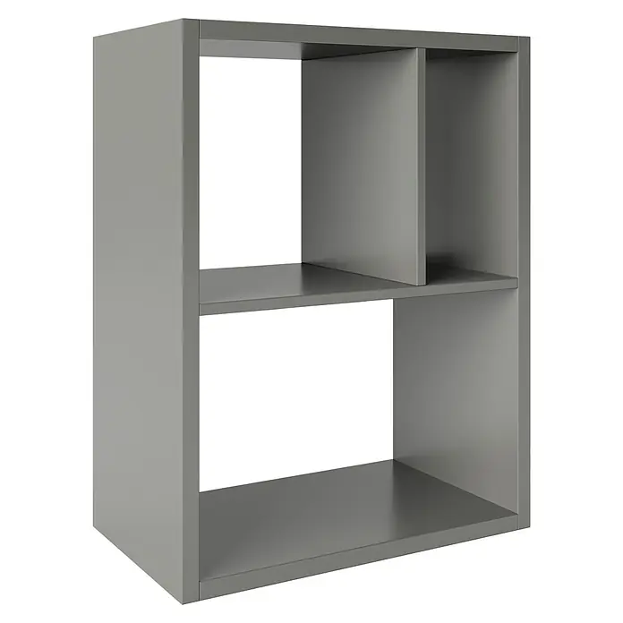 Phönix Fortuna Raumteiler - H x B x T: 57,9 x 75,1 x 34 cm, Grau - Graues Regal mit zwei Fächern und einem zusätzlichen kleinen Fach oben rechts. Das Regal ist schlicht und modern gestaltet.