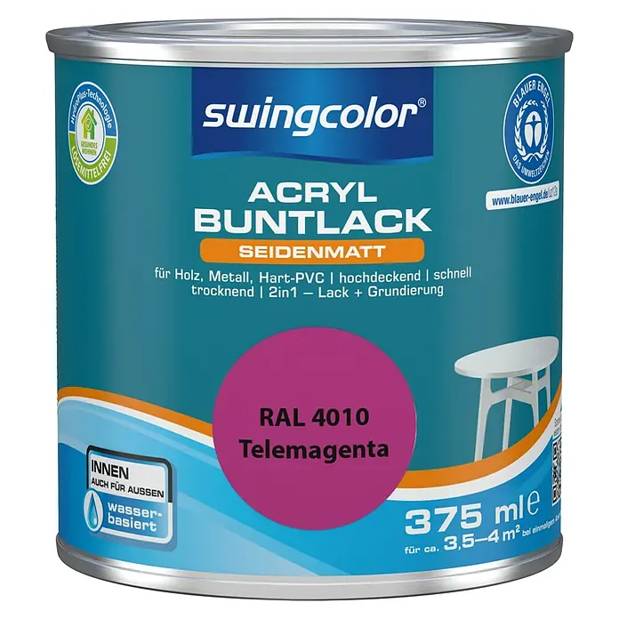 swingcolor Buntlack Acryl - Telemagenta, Seidenmatt, 375 ml, Wasserbasiert - Dose Swingcolor Acryl Buntlack Seidenmatt RAL 4010 Telemagenta, geeignet für Holz, Metall und Hart-PVC. Schnell trocknend und wasserverbasiert.