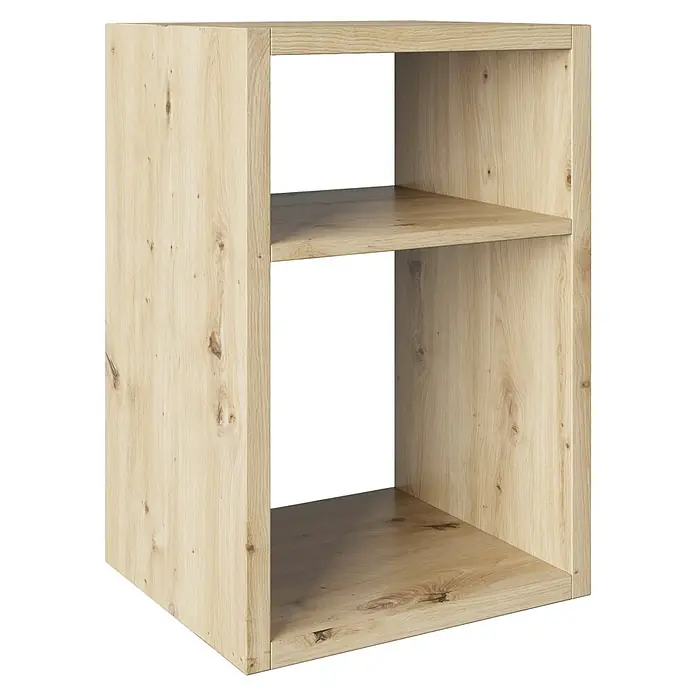 Phönix Fortuna Beistelltisch - L x B x H: 34 x 58 x 39,2 cm, Eiche, Ohne Einsatz - Ein heller Holzregalwürfel mit zwei Fächern, ideal für die Aufbewahrung und Präsentation von Gegenständen.