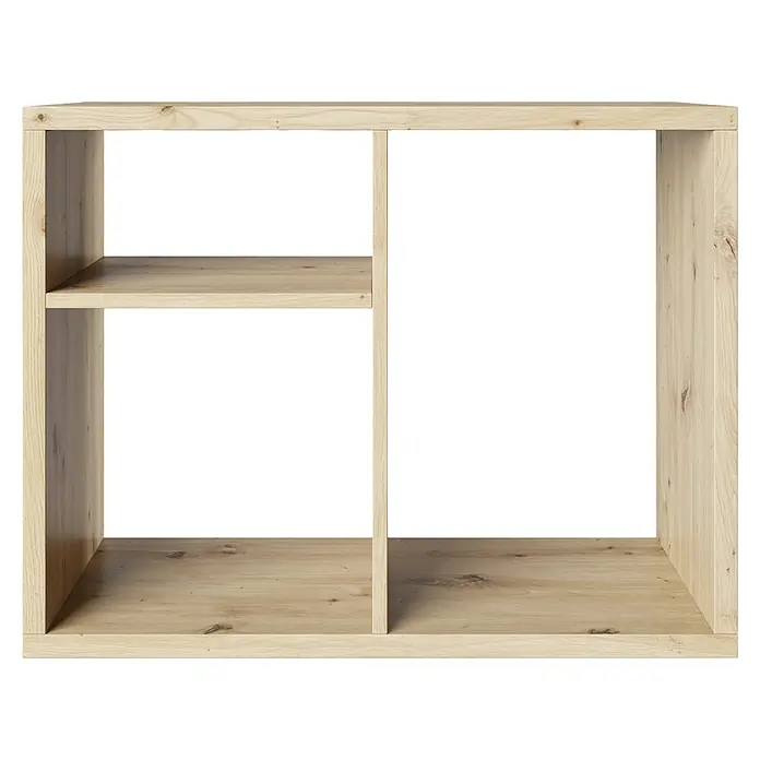 Phönix Fortuna Raumteiler - H x B x T: 57,9 x 75,1 x 34 cm, Eiche - Helles Holzregal mit zwei Fächern und einem zusätzlichen Regalboden, ideal für die Aufbewahrung und Dekoration.