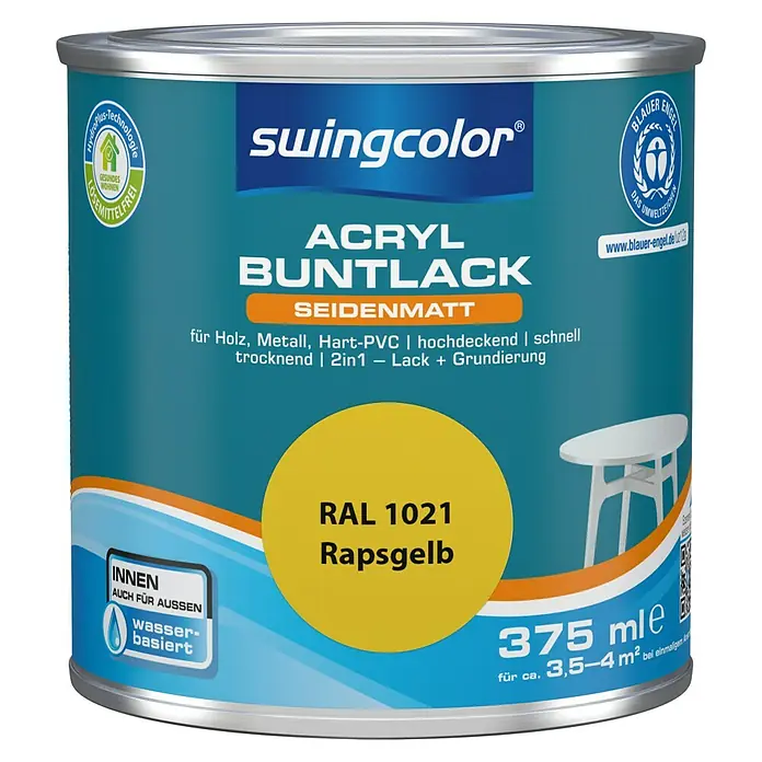 swingcolor Buntlack Acryl - Rapsgelb, Seidenmatt, 375 ml, Wasserbasiert - Dose Swingcolor Acryl Buntlack Rapsgelb, seidenmatt, 375 ml, für Holz, Metall, Hart-PVC. Wasserbasierter Lack für Innen- und Außenbereich.