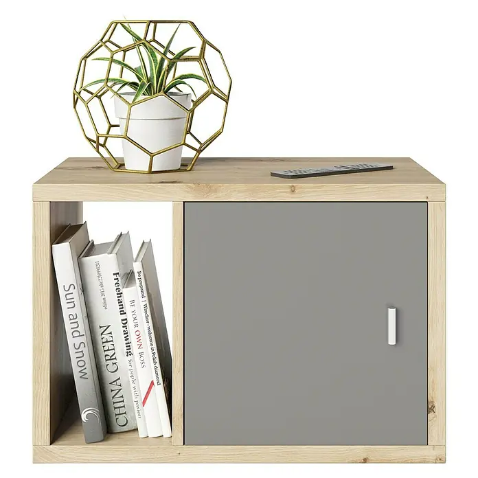 Phönix Fortuna Beistelltisch - L x B x H: 34 x 58 x 39,2 cm, Eiche, Mit Türeinsatz - Ein heller Holzschrank mit einer grauen Tür, einem offenen Regal mit Büchern und einer Deko-Pflanze auf der Oberseite.