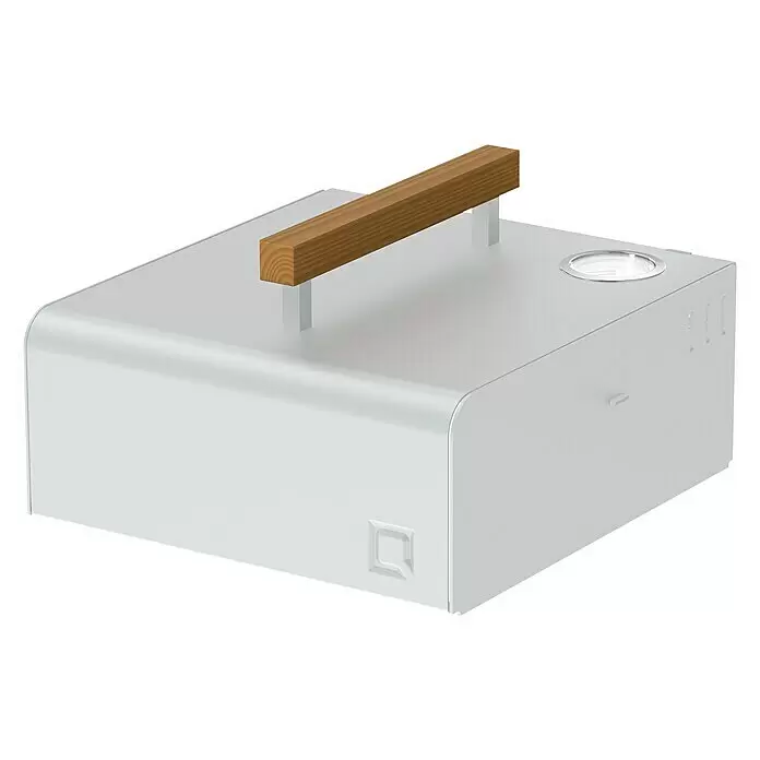 oneQ Grill-Schutzhülle mit Windschutz und Warmhalterost - Passend für: oneQ Holzkohlegrill Glow / oneQ Gasgrill Flame - Hellgrauer tragbarer Ofen mit Holzgriff und runder Leuchte/Anzeige.