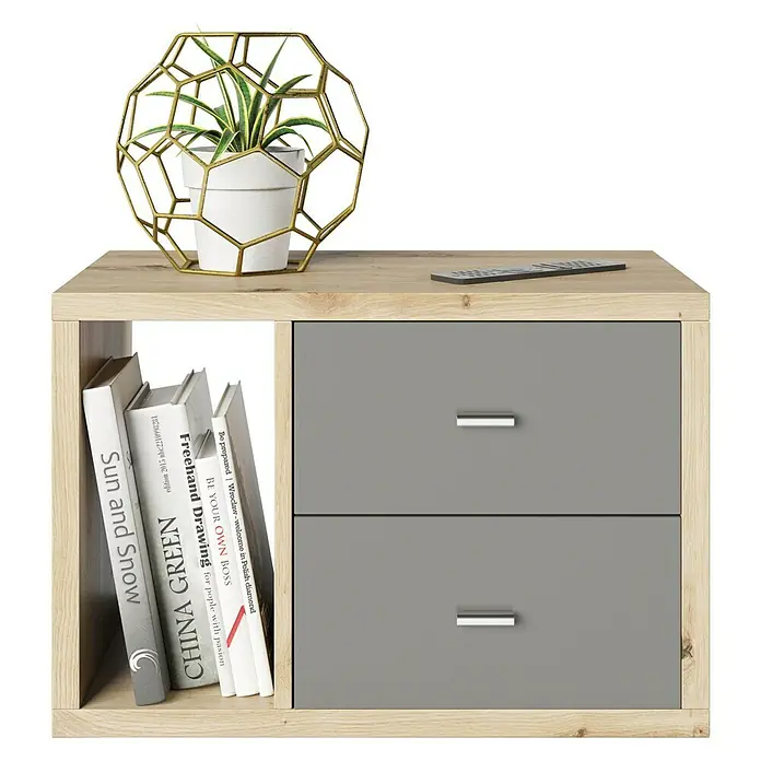 Phönix Fortuna Beistelltisch - L x B x H: 34 x 58 x 39,2 cm, Eiche, Mit Schubladeneinsatz - Nachttisch mit zwei Schubladen, offenem Fach mit Büchern und Dekoration auf der Oberseite. Moderner Stil für Schlafzimmer.