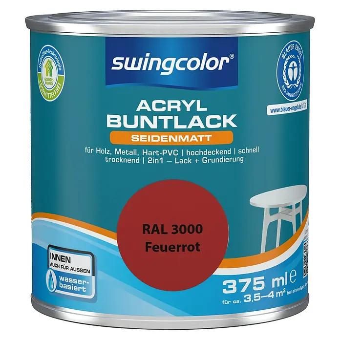 swingcolor Buntlack Acryl - Feuerrot, Seidenmatt, 375 ml, Wasserbasiert - Dose Swingcolor Acryl Buntlack Seidenmatt RAL 3000 Feuerrot, ein vielseitiger Lack für Holz, Metall und Hart-PVC, ideal für Innen- und Außenbereiche.
