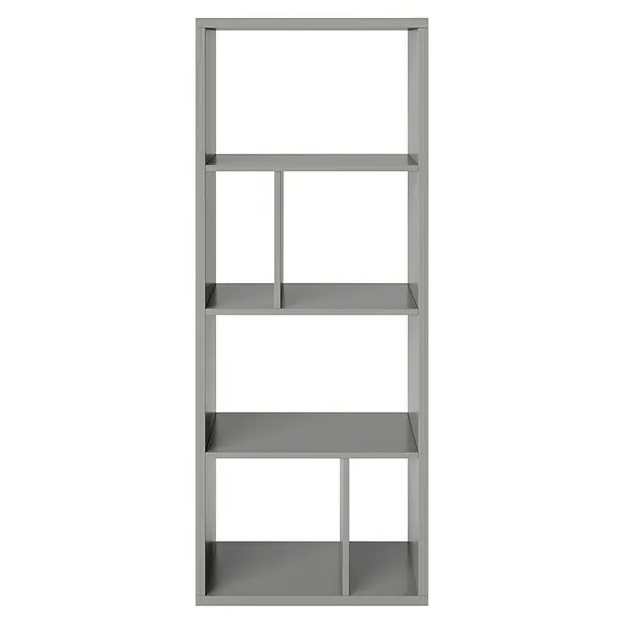 Phönix Fortuna Raumteiler - H x B x T: 146,6 x 58 x 34 cm, Anzahl Böden: 3 Stk., Grau - Graues Bücherregal mit mehreren Fächern unterschiedlicher Größe, ideal für die Organisation von Büchern und Dekorationen.