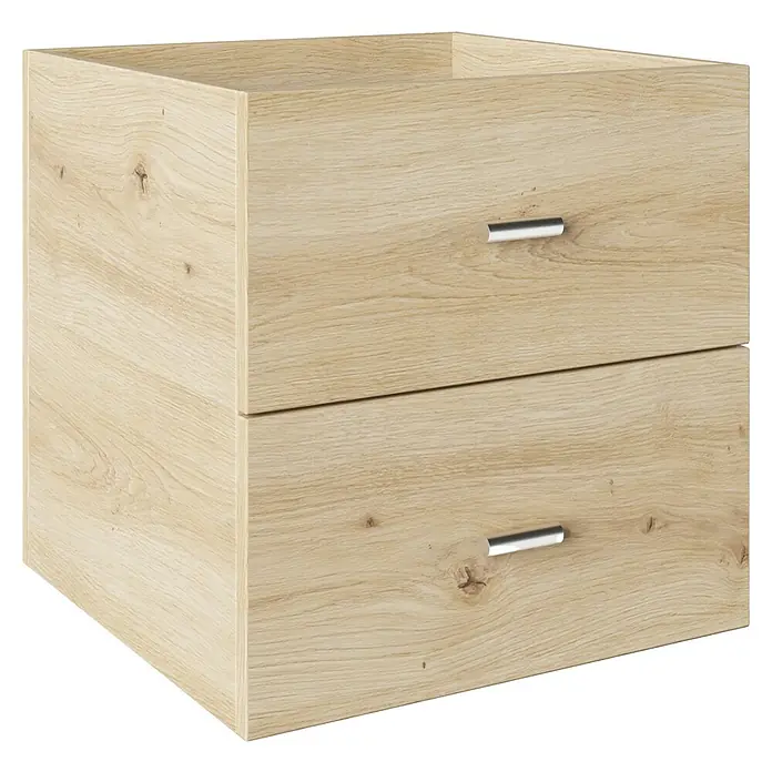 Phönix Fortuna Container - L x B x H: 33,4 x 34,1 x 34,1 cm, Eiche, Anzahl Schubladen: 2 Stk., Passend für: Phönix Regale Fortuna - Ein Foto von einem Schubladenelement aus hellem Holz mit zwei Schubladen und silbernen Griffen, das einen modernen und natürlichen Look verleiht.