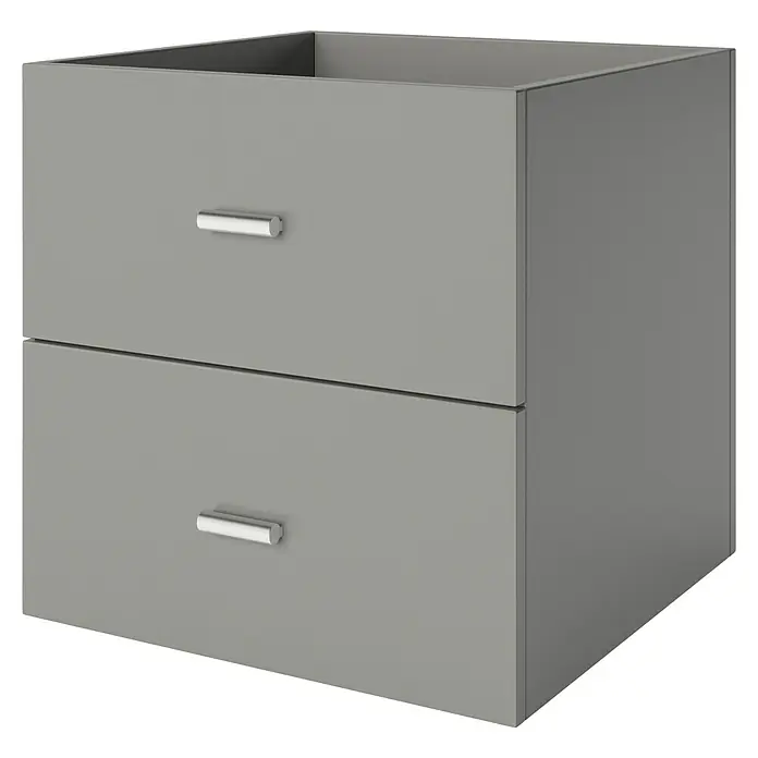 Phönix Fortuna Container - L x B x H: 33,4 x 34,1 x 34,1 cm, Grau, Anzahl Schubladen: 2 Stk., Passend für: Phönix Regale Fortuna - Grauer Badezimmer-Unterschrank mit zwei Schubladen und Griffen aus gebürstetem Nickel auf schwarzem Hintergrund.