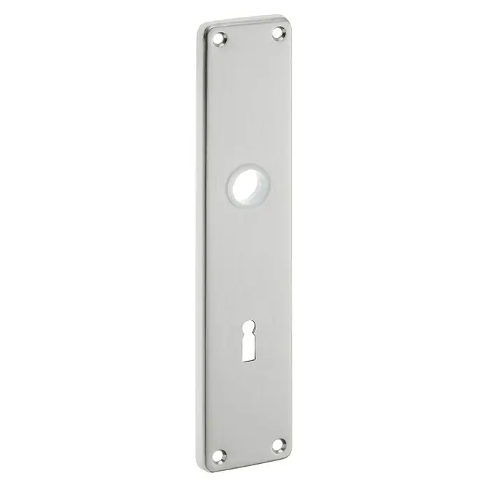 Portaferm Langschild - Distanznorm: 72 mm, Buntbart, Silber - Ein längliches Türschild aus glänzendem Metall mit Löchern für Klinke, Schlüssel und Befestigungsschrauben.