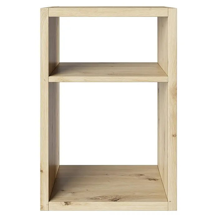 Phönix Fortuna Beistelltisch - L x B x H: 34 x 58 x 39,2 cm, Eiche, Ohne Einsatz - Eine Nahaufnahme eines hellen Holzregals mit zwei Fächern vor einem schwarzen Hintergrund, das die natürliche Holzmaserung hervorhebt.