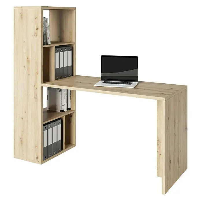 Phönix Fortuna Regalschreibtisch - Eiche, Anzahl Fächer: 6 Stk. - Schreibtischkombination mit Regalelementen in heller Holzoptik und einem Laptop auf der Arbeitsfläche. Praktische Lösung für das Arbeitszimmer.