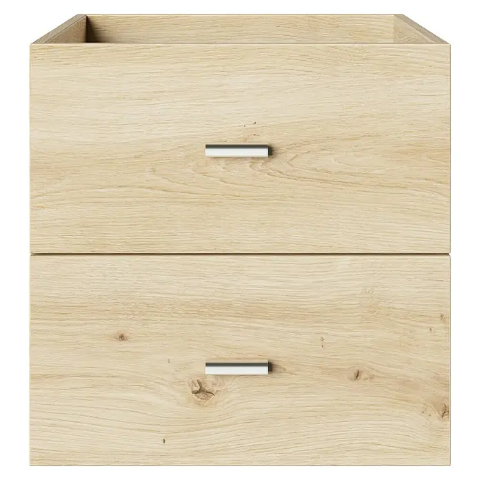 Phönix Fortuna Container - L x B x H: 33,4 x 34,1 x 34,1 cm, Eiche, Anzahl Schubladen: 2 Stk., Passend für: Phönix Regale Fortuna - Frontansicht eines Holzschranks mit zwei Schubladen und horizontalen Griffen.
