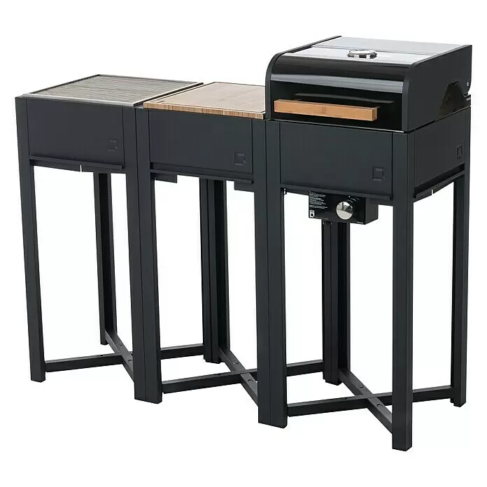 oneQ Grill-Schutzhülle - Passend für: oneQ Basismodul / oneQ Einbauadapter für Grillhaube - Schwarze Metall-Outdoor-Kochstation mit Grillrost, Holzschneidebrett und Gasgrill.