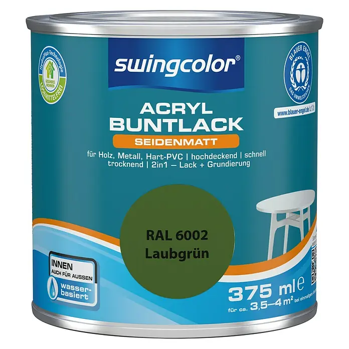 swingcolor Buntlack Acryl - Laubgrün, Seidenmatt, 375 ml, Wasserbasiert - Dose Swingcolor Acryl Buntlack in Laubgrün, seidenmatt, für Holz, Metall und Hart-PVC. Lösemittelfrei und wasserbasiert für Innen- und Außenbereiche.