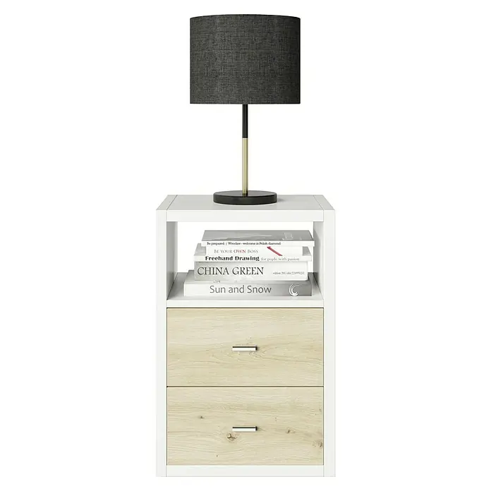 Phönix Fortuna Beistelltisch - L x B x H: 34 x 58 x 39,2 cm, Weiß, Mit Schubladeneinsatz - Elegante Nachttischlampe mit Stoffschirm auf einem Beistelltisch mit zwei Schubladen und einer offenen Ablage für Bücher.