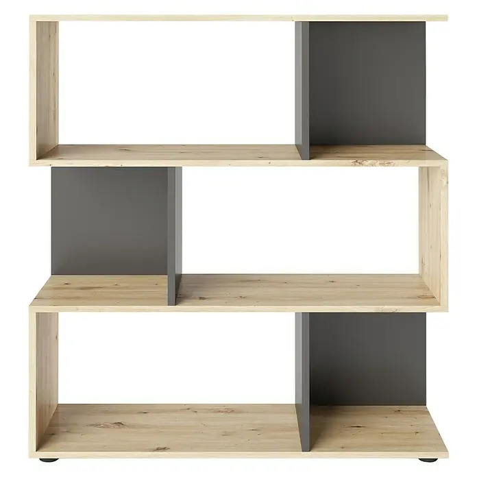 Phönix Holzregal Shelfy - H x B x T: 110 x 103 x 35,6 cm, Anzahl Böden: 4 Stk., Schrauben, Eiche/Grau - Modernes Bücherregal in Holzoptik mit grauen Akzenten für stilvolle Aufbewahrung und Präsentation von Büchern und Dekorationen.