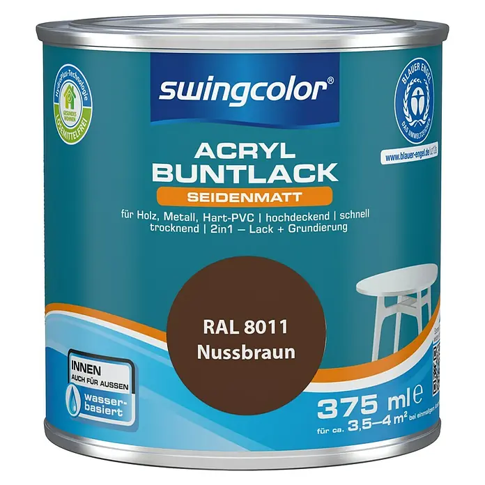 swingcolor Buntlack Acryl - Nussbraun, Seidenmatt, 375 ml, Wasserbasiert - Dose Swingcolor Acryl Buntlack Nussbraun, seidenmatt, für Holz, Metall, Hart-PVC, hochdeckend, schnell trocknend, 2in1 Lack + Grundierung.