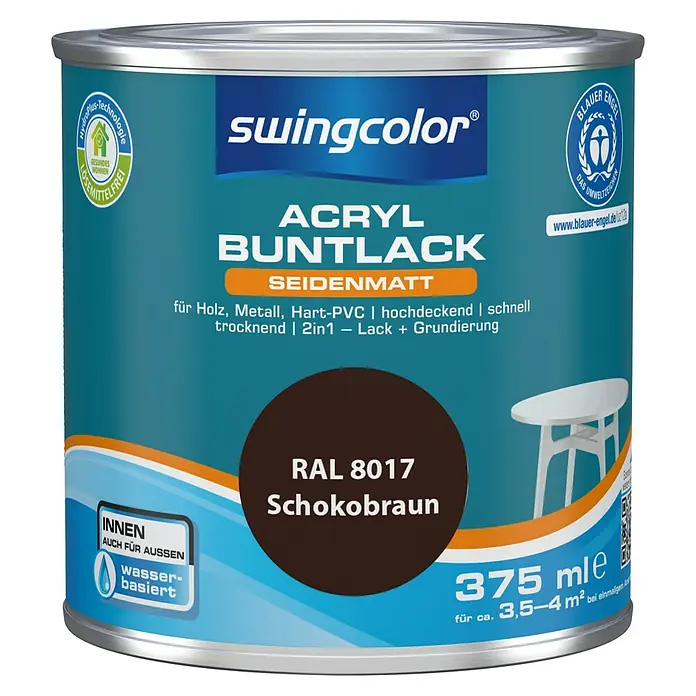 swingcolor Buntlack Acryl - Schokobraun, Seidenmatt, 375 ml, Wasserbasiert - Dose Swingcolor Acryl Buntlack Schokobraun RAL 8017, seidenmatt, für Holz, Metall und Hart-PVC, 375 ml für Innen- und Aussenbereich.