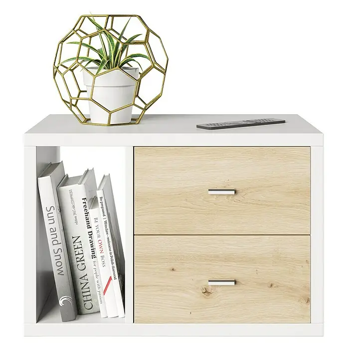 Phönix Fortuna Beistelltisch - L x B x H: 34 x 58 x 39,2 cm, Weiß, Mit Schubladeneinsatz - Ein weißes Nachttischchen mit zwei Schubladen in Holzoptik, einem offenen Fach mit Büchern und einer dekorativen Pflanze auf der Oberseite.