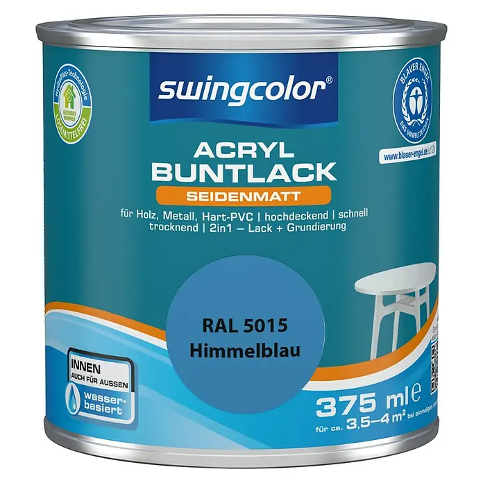 swingcolor Buntlack Acryl - Himmelblau, Seidenmatt, 375 ml, Wasserbasiert - Farbdose Swingcolor Acryl Buntlack Seidenmatt in Himmelblau RAL 5015, geeignet für Holz, Metall und Hart-PVC. Für Innen- und Außenbereiche.