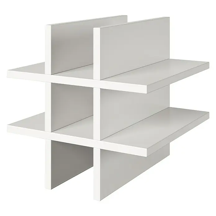 Phönix Fortuna Einsatz - L x B x H: 33,4 x 34,1 x 34,1 cm, Weiß, Holzwerkstoff - Nahaufnahme eines modernen, weißen Bücherregals mit einem einzigartigen, überlappenden Design, ideal zur stilvollen Aufbewahrung von Büchern oder Dekorationsgegenständen.